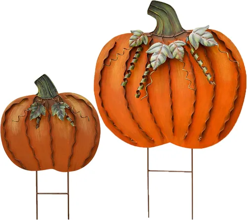 Letreros de metal con estacas de calabaza, decoración de otoño, decoración decorativa de jardín, césped, calabazas, decoración de otoño al aire