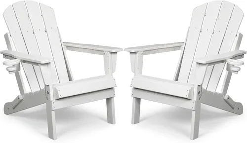 Miniatura 14 de Silla Adirondack plegable de HDPE, silla de patio al aire libre con soporte para tazas, silla de césped de grano de madera resistente a