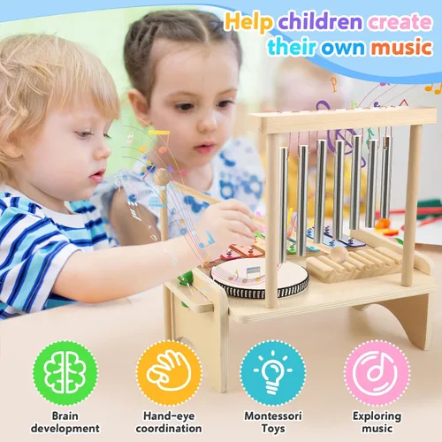 Miniatura 5 de Juego de batería para niños, instrumento musical para bebés, xilófono de madera para niños pequeños con juego de batería para bebé y campanilla