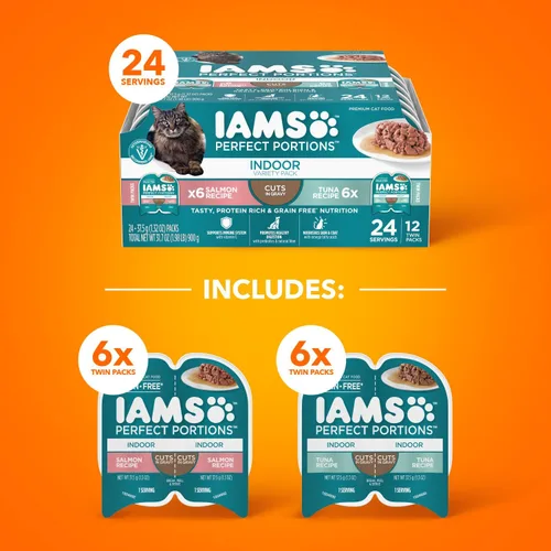 Miniatura 2 de IAMS Perfect Portions - Paquete variado de alimento húmedo para gatos adultos de interior, cortes en salsa, recetas de salmón y atún, 2.6 oz.
