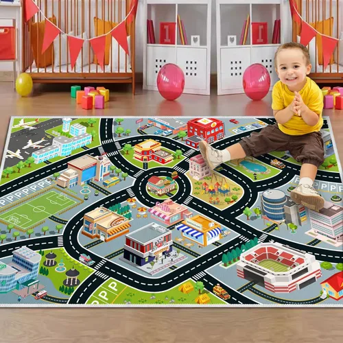 Miniatura 4 de Alfombra de Coches para Niños, Alfombra de Juego para Coches de Juguete y Tren, Alfombra de Juego de Tráfico Vial para Niños, Alfombra de Área
