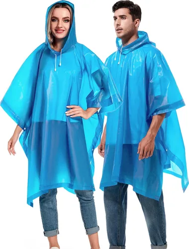 Miniatura 50 de Paquete de 2 ponchos de lluvia para adultos, reutilizables, impermeables, de supervivencia, emergencia, resistente, con capucha con cordón