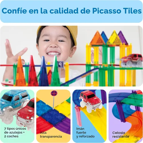 Miniatura 6 de PicassoTiles Juego de construcción de pista de carreras de 100 piezas magnéticas con coches LED, carreteras ajustables y señales, kit de juguete