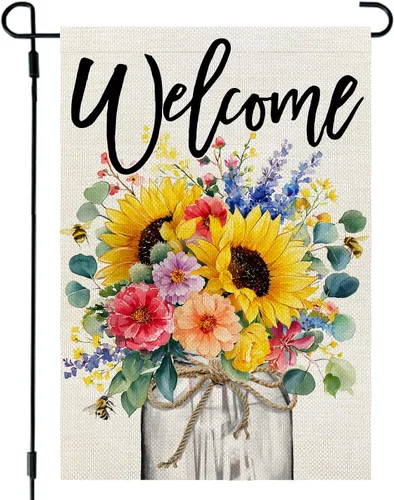 Miniatura 9 de CROWNED BEAUTY Bandera de jardín de primavera, tarro de hortensias de 12 x 18 pulgadas, doble cara, pequeño, floral, decoración de vacaciones