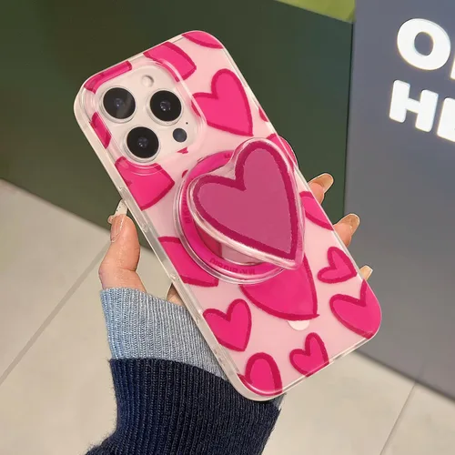 Miniatura 2 de Funda para iPhone 16 Pro Max, corazón rosa con agarre redondo para teléfono, compatible con soporte MagSafe para niñas y mujeres, funda protectora