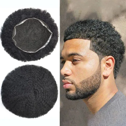 Miniatura 13 de Afro Toupee Hair Piece para hombres negros Encaje suizo completo Afro Hombres Toupee cabello humano rizado hombres onda unidades de cabello