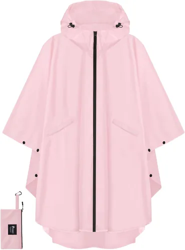 Miniatura 15 de PTEROMY Poncho de lluvia con capucha para adultos con bolsillo y cremallera, chubasquero impermeable ligero para hombres y mujeres