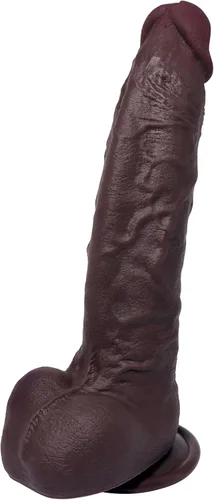 Consolador grueso de silicona realista negro de 9 pulgadas, base de ventosa fuerte, insertable de 7.5 pulgadas y circunferencia de 2 pulgadas de