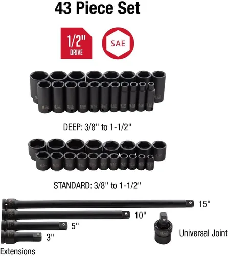 Miniatura 5 de 43PC 1/2" DR AE IMP JUEGO DE SOCKET, Negro