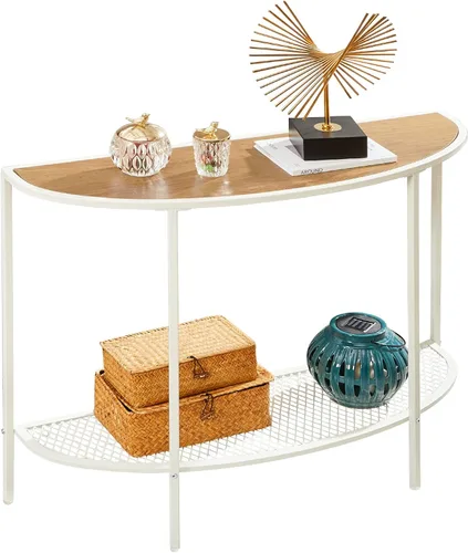 Miniatura 11 de SAYGOER Mesa de consola negra media luna de dos niveles, mesa estrecha para entrada con almacenamiento, mesa moderna para sofá, mesas pequeñas