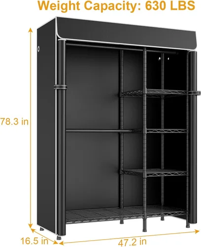 Miniatura 5 de ULIFHOME F2C - Perchero con funda, percheros para colgar ropa, perchero resistente con estantes y barras de suspensión, armario negro con cubierta