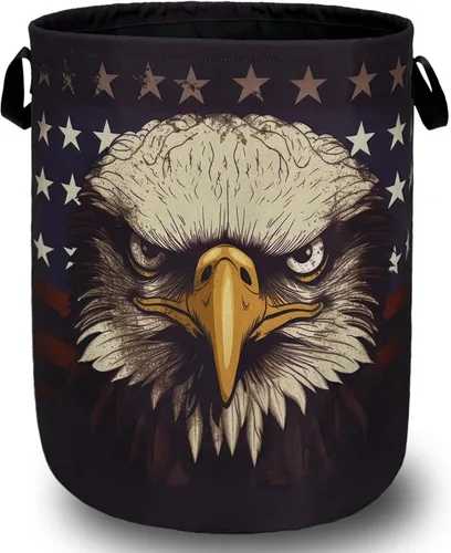 Cesta de lavandería plegable con asas de bandera estadounidense y águila, bolsa patriótica de tela Oxford, divertida cesta de almacenamiento de