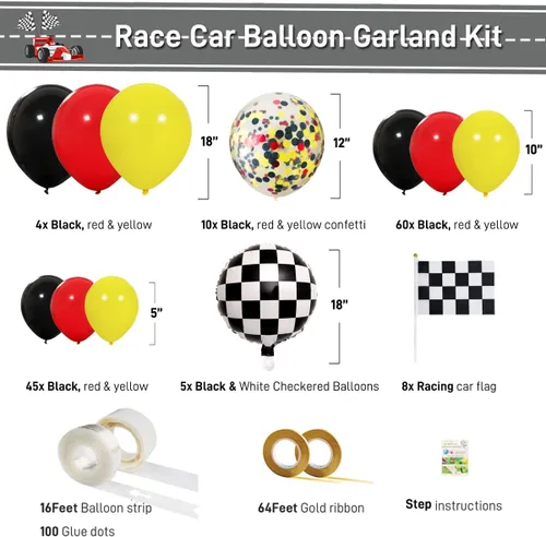 Miniatura 3 de Kit de guirnalda de globos de látex rojo, negro y amarillo, arco de globos de látex blanco y negro, bandera para baby shower, autos, camiones