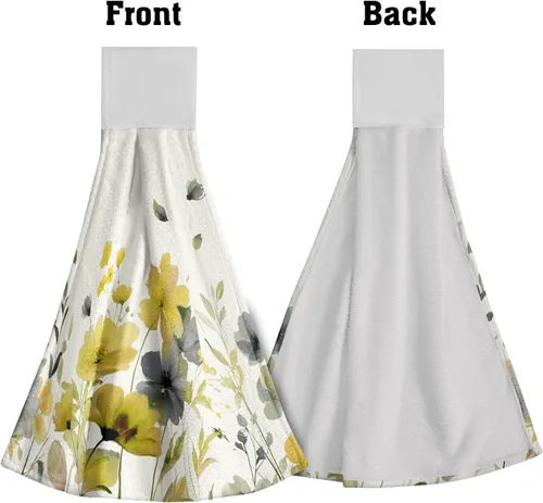 Miniatura 3 de Poppy Flower Hanging Hand Towels Set of 2,17x12 Inch Watercolor Chinoiserie Yellow Black Floral Soft Absorbent Dish Cloth Tie Towel for Kitchen