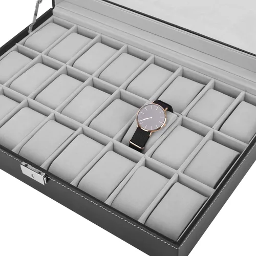 Miniatura 3 de JS NOVA JUNS Caja de reloj, 24 ranuras para hombre, organizador de relojes con cerradura y tapa acrílica grande, piel sintética negra