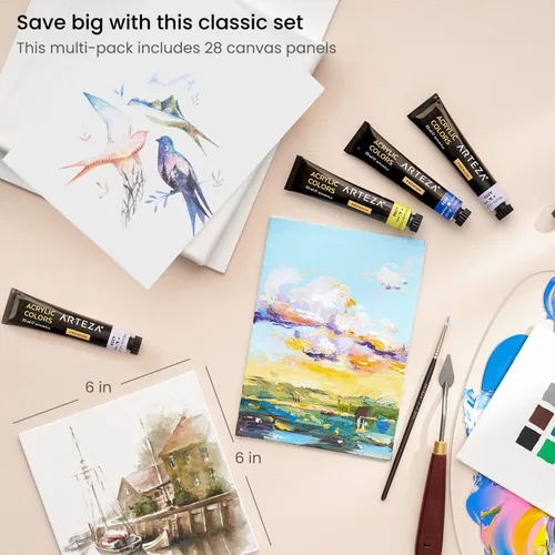 Miniatura 3 de ARTEZA Tableros de lienzo para pintura, 6 x 6 pulgadas, paquete de 28, paneles de lienzo pequeños blancos en blanco para pintura acrílica, óleo