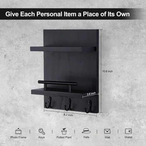 Miniatura 2 de Soporte de pared para llaves, decoración de estante de correo con 3 ganchos para llaves, organizador de pared de madera versátil para entrada