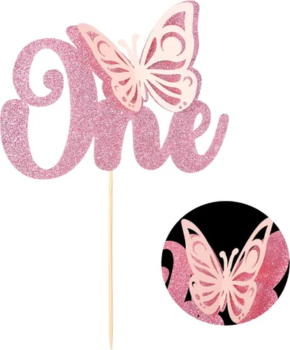 Miniatura 3 de Gyufise 1 decoración de pastel de mariposa, decoración de baby shower con purpurina rosa y selección de pastel de primer cumpleaños Rosa-1