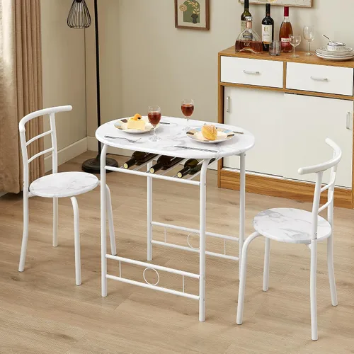 Miniatura 23 de VECELO Juego de mesa de comedor de 3 piezas para rincón de desayuno, mesa ovalada de mármol sintético y marco de metal con estante de vino Blanco