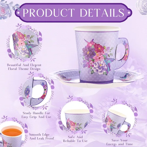 Miniatura 3 de Mifoci Juego de 200 tazas y platos de papel floral de 9 onzas, tazas de té y platillos desechables, tazas de té y platillos de flores vintage