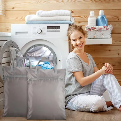 Miniatura 5 de 2 bolsas de lavandería de viaje impermeables con asa, bolsa de ropa sucia para viajes, cesta de lavandería colgante con dos bolsillos con Gris