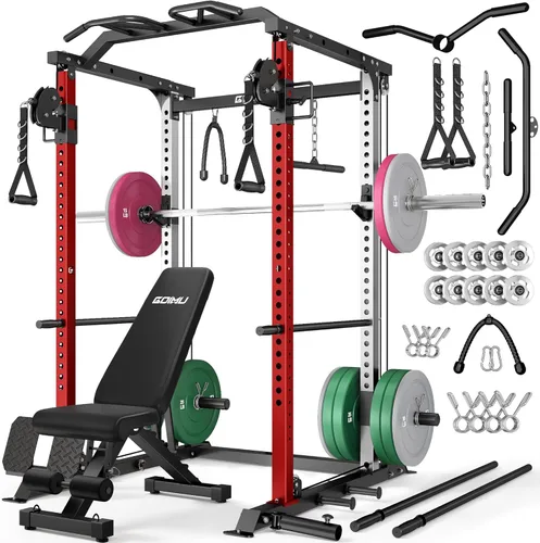 Miniatura 13 de DP01 - Jaula de potencia, estante para sentadillas de 2000 libras con cable cruzado y sistema de polea doble independiente, jaula completa para Rojo