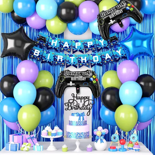 Miniatura 10 de Decoraciones de cumpleaños azul marino y negro para hombres, globo de confeti negro y azul con pancarta de "Happy Birthday", cortinas con flecos