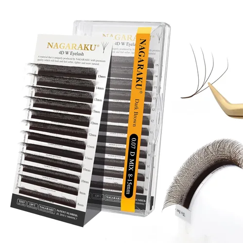 Miniatura 124 de NAGARAKU Extensiones de pestañas Double Tips 4D W, suministros con puntas dobles, gruesas con rizado D de 0.07 mm, bandeja mixta 8-15 mm, 0.07-D