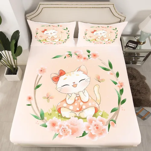 Miniatura 27 de Erosebridal Juego de sábanas de tamaño individual con diseño de gatos y gatos, con temática de animales, con flores coloridas, juego de sábanas