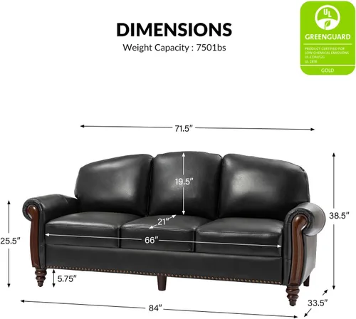 Miniatura 2 de HULALA HOME Sofá de cuero genuino de 3 plazas, sofá tradicional para sala de estar con patas de madera maciza talladas, color negro