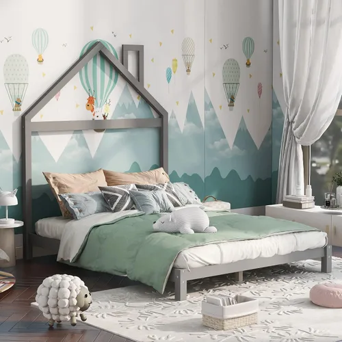 Miniatura 27 de Cama de plataforma de madera de tamaño individual con cabecero y cercas en forma de casa, sin tablillas, cama de piso para dormitorio de niños Verde