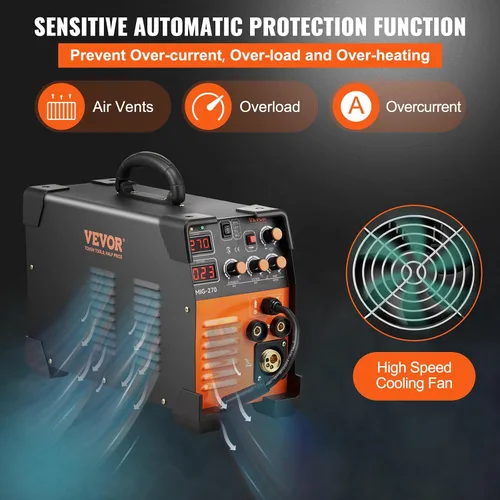 Miniatura 6 de VEVOR Soldadora MIG, máquina de soldar 3 en 1 de 270 amperios, soldadora MIG Lift TIG de arco de 110 220V, soldadora TIG portátil con elevador ARC