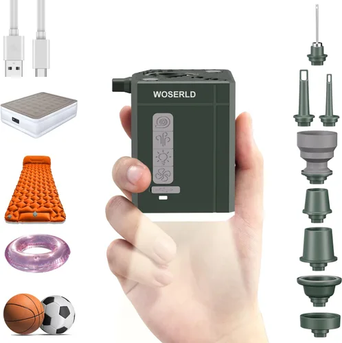 Portable Air Pump for Inflatables - 100KPA Mini Electric Air Pump 3000mAh Battery Air Mattress Pump & Camping Light & Fan for Air Mattres, Verde