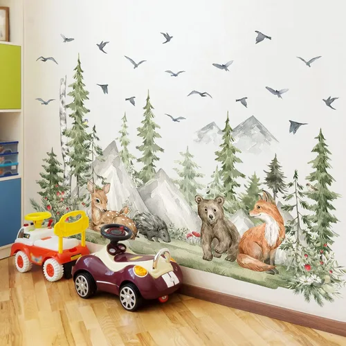 Miniatura 9 de Amaonm - 4 hojas de 12 x 36 pulgadas, calcomanías de pared de árbol de bosque gigante, bosque, ciervo, oso, conejo, zorro, ardilla, pájaros, pino