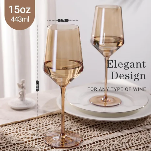 Miniatura 3 de Physkoa Juego de copas de vino de color ámbar de 6 a 16 onzas, copas de vino marrón con tallo largo alto y parte inferior de tulipán, cristalería