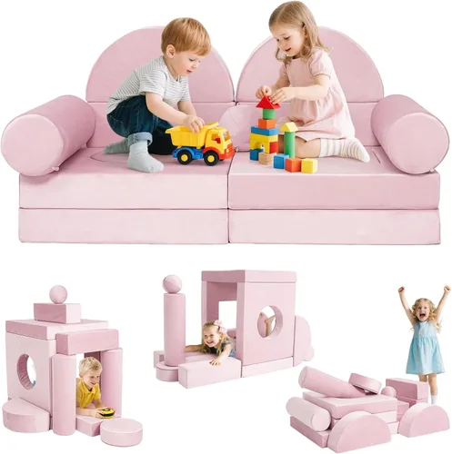 Miniatura 13 de Sofá modular de juego para niños, 13 piezas, sofá de espuma de alta densidad, muebles de sala de juegos convertibles con funda de terciopelo suave
