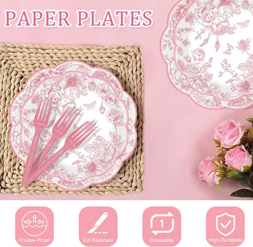 Miniatura 5 de Juego de 250 platos y servilletas florales rosas, 50 invitados, juego de vajilla desechable festoneada rosa y blanco, platos de papel vintage