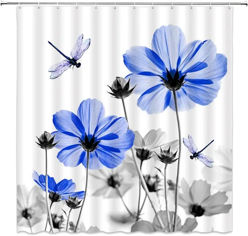 Cortina de ducha floral azul y gris, planta rústica, retro, margarita, abstracta, elegante, natrue de tela con ganchos (36 pulgadas de ancho x 70
