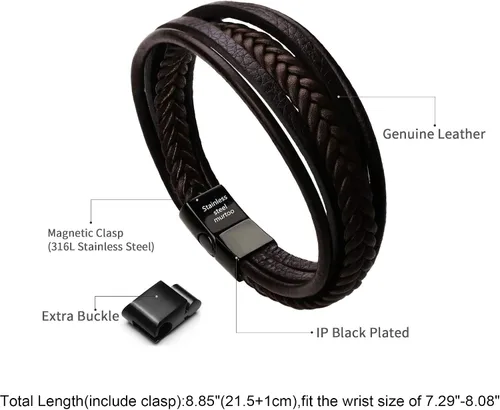 Miniatura 2 de murtoo Pulsera de cuero para hombre con cierre de cuero de vaca multicapa trenzada para hombre, Acero inoxidable Cuero