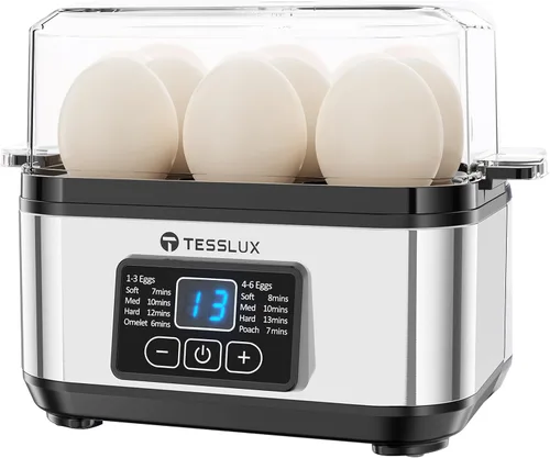 Tesslux Olla eléctrica rápida para huevos, capacidad de 6 huevos para huevos duros, huevos escalfados, huevos revueltos u tortillas con apagado