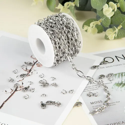 Miniatura 6 de 16.4 pies de cadenas de acero inoxidable plateadas para hacer joyería, collar pesado de hip-pop para hombres, cadena de eslabones en relieve a Rolo