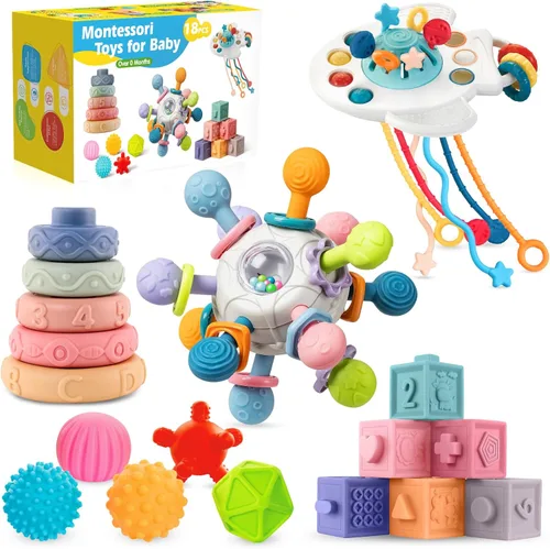 SpringFlower Juguetes para bebés de 0-3-6-12 meses, juguetes Montessori 5 en 1 para bebés, juguete de dentición y bloque de construcción apilable y