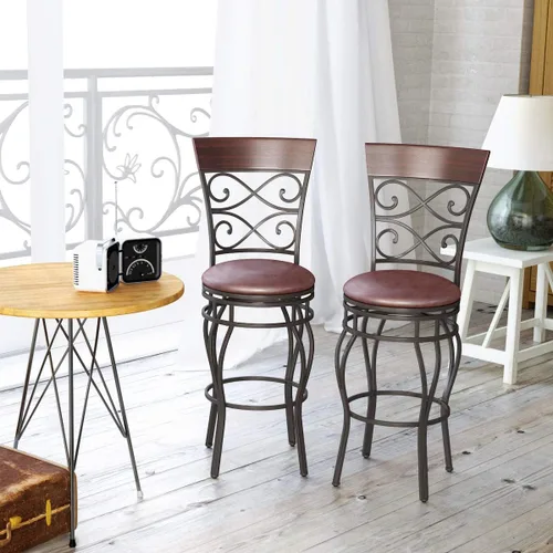 Miniatura 4 de HAPPYGRILL Juego de 2 taburetes de bar para patio, giratorios de 360 grados con asiento acolchado de cuero y respaldo para comedor de bistró, sillas