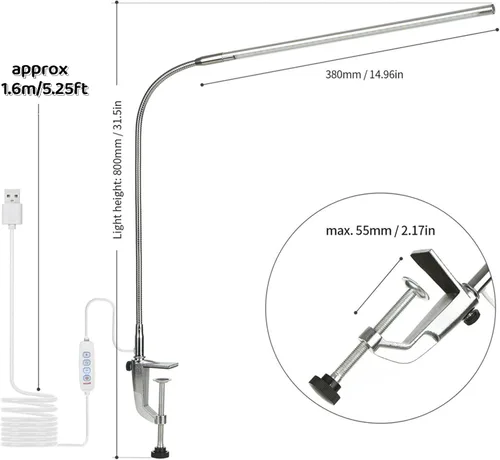Miniatura 6 de Lámpara de escritorio con abrazadera, 3 modos, 10 brillo, rotación de 360°, luz de lectura para cuidado de los ojos, cuello de cisne flexible de 8 W