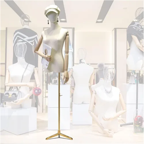 Female Mannequin Torso Dress Form, Display Body with Detachable Head Wooden Hands for Jewelry Adjustable 55”-83”Height Tripod Stand Adjustable Gold