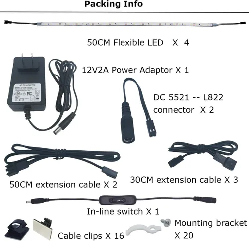 Miniatura 2 de Litever Kit de iluminación LED para debajo del mostrador, 4 tiras LED flexibles de 20 pulgadas, 16 W, 1200 lúmenes, luz blanca diurna 5000 K.