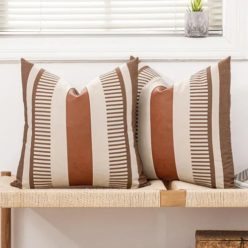 Miniatura 34 de Funda de almohada bohemia de color blanco y negro con piel, funda de cojín moderna de 22 x 22 pulgadas, funda de almohada de rayas estilo campestre
