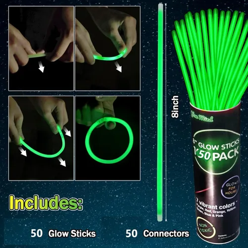 Miniatura 2 de Pulseras con luz de palitos brillantes verdes, 50 unidades, 8 pulgadas, collares brillantes con conectores, suministros de fiesta de neón