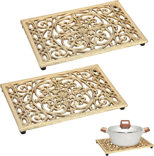 Miniatura 12 de Sumnacon 2 salvamanteles de hierro fundido de 7.7 pulgadas, almohadillas de metal rústico resistente, salvamanteles vintage para encimera de cocina