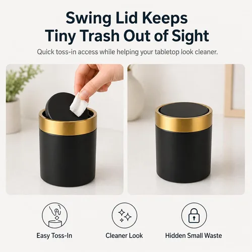 Miniatura 5 de Mini bote de basura con tapa, pequeño cubo de basura de metal para escritorio con tapa oscilante, cubo de basura de encimera de 0.4 galones